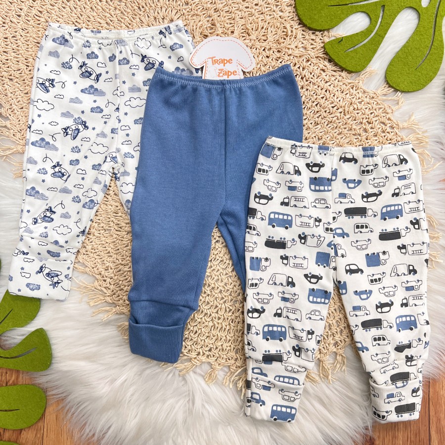 Kit 3 calças - Aviãozinho, Azul Jeans, Carrinhos
